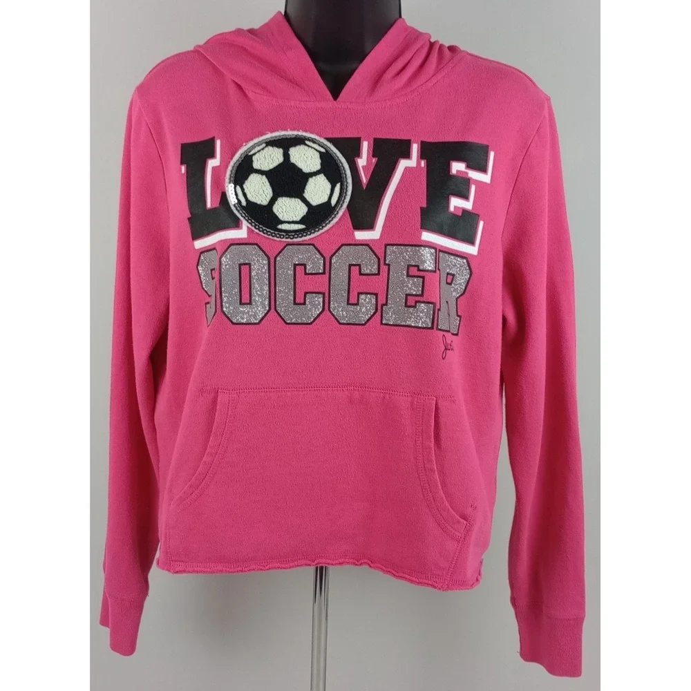 Justice Juniors 16 Hot Pink Love Soccer Crop Hoodie Long Sleeve Sweatshirt